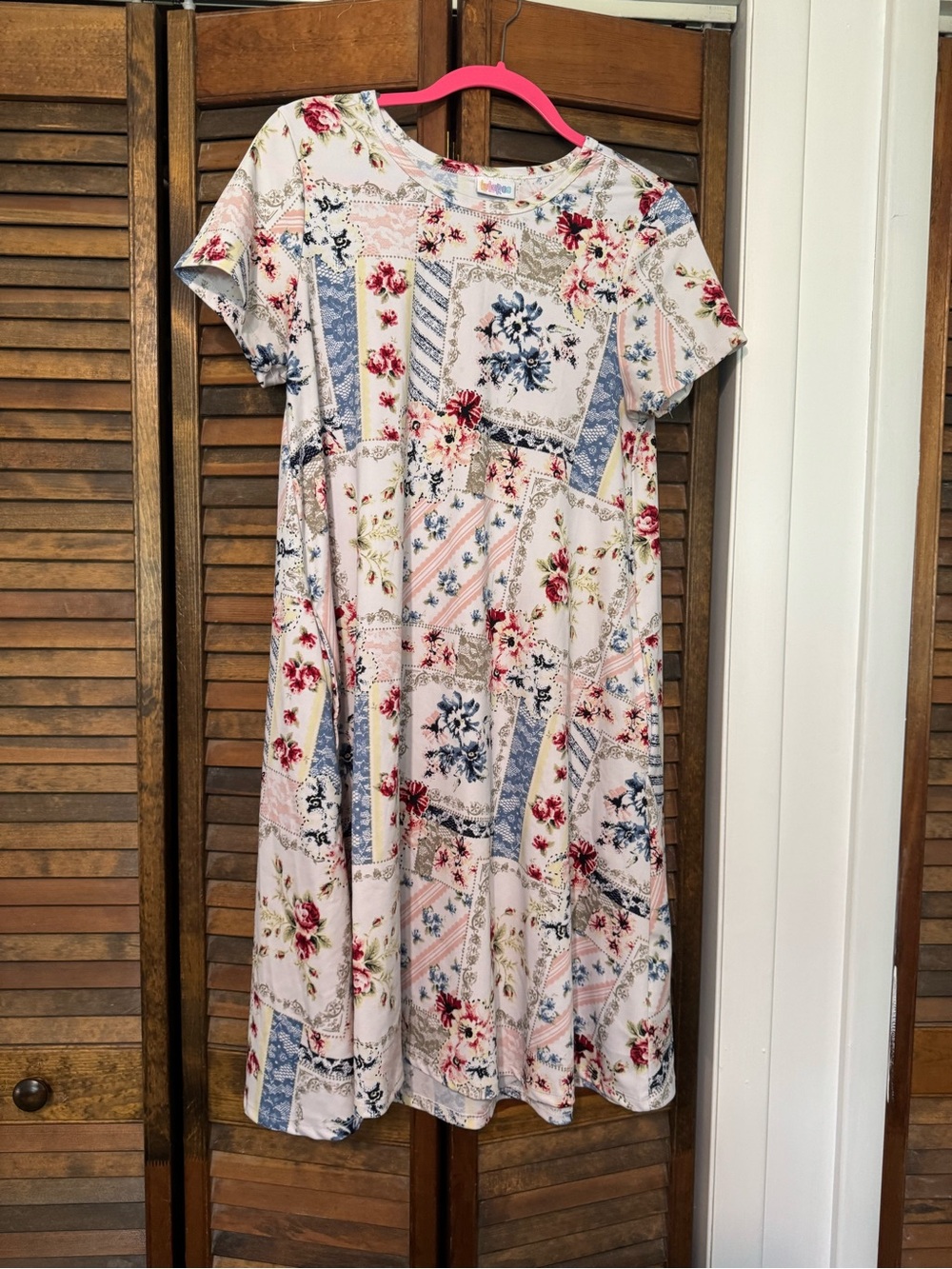 LuLaRoe Floral Patchwork Short Sleeve Dress - Cream, Blue, Red, Pink